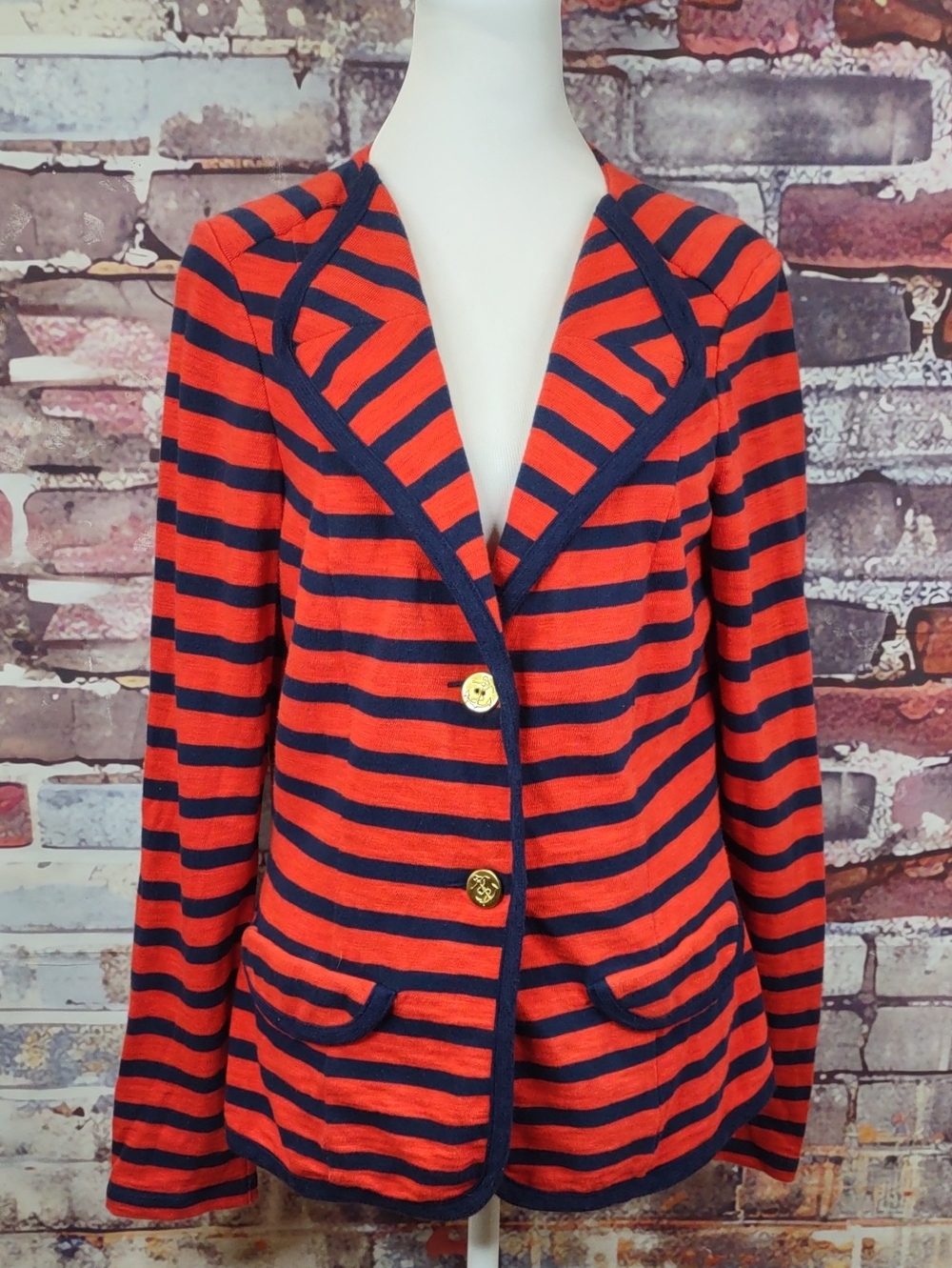 CAbi Red and Navy Striped Blazer with Gold Buttons